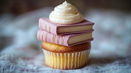 A cupcake that resembles a tiny stack of books with edible frosting spines