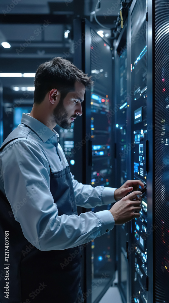 Poster Technician working on server rack in data center