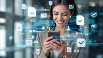 Businesswoman using smartphone digital data interface