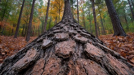 A large tree in the middle of a forest covered in leaves
