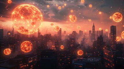 Obraz premium Airborne PM2.5 particles illustrated as glowing orbs in a polluted cityscape, artistic visualization of air quality issues.