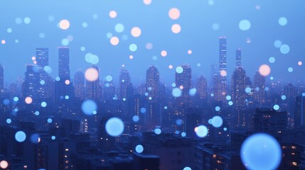 Airborne PM2.5 particles illustrated as glowing orbs in a polluted cityscape, artistic visualization of air quality issues.
