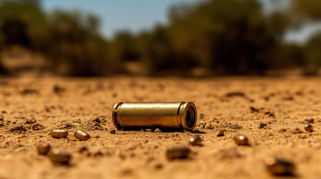 A small-arms cartridge case from a .45 ACP round on a sandy desert terrain, with its matte brass finish contrasting against the dusty earth and sparse vegetation in the background.
