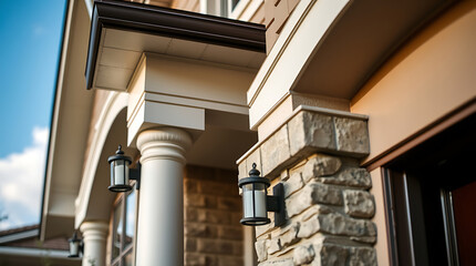 Elegant Home Exterior: Stone Facade, Columns, and Modern Design. High-end Residential Architecture, showcasing luxury features and impeccable craftsmanship.