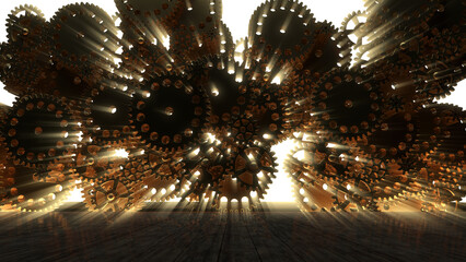 3d Illustration of a mechanism made of many gears and the light rays shining through the cogwheels