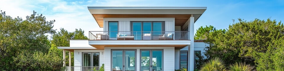  Beach house with airy white exterior, open-plan design visible through floor-to-ceiling windows. Small upper balcony and light gray shutters give it coastal charm.