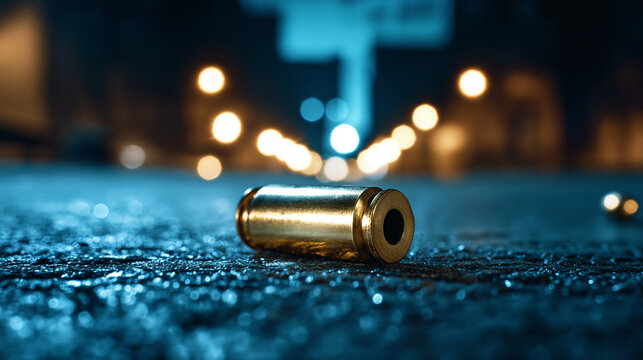 A small-arms cartridge case from a revolver round on an urban street at dusk, illuminated by city lights with a gritty, concrete backdrop, highlighting the shine of the brass.