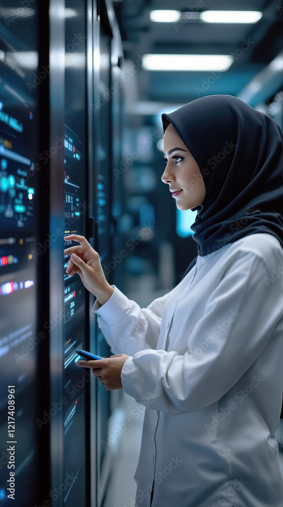 Poster Woman in hijab monitoring server room data using smartphone and touchscreen interface