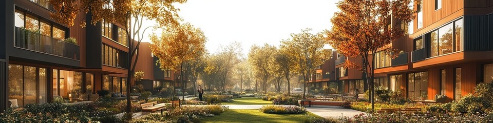  Modern residential complex with autumn trees, golden sunlight, and landscaped green spaces, offering a peaceful suburban environment surrounded by nature.