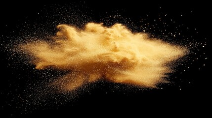 Beautiful Golden Dust Cloud Burst on Black Background with Glowing Particles and Fine Texture for Creative Projects