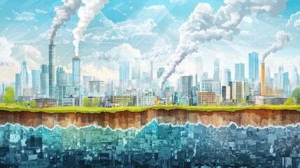 Artistic cross-section of air showing PM2.5 particle layers, urban setting in the background, educational and creative.