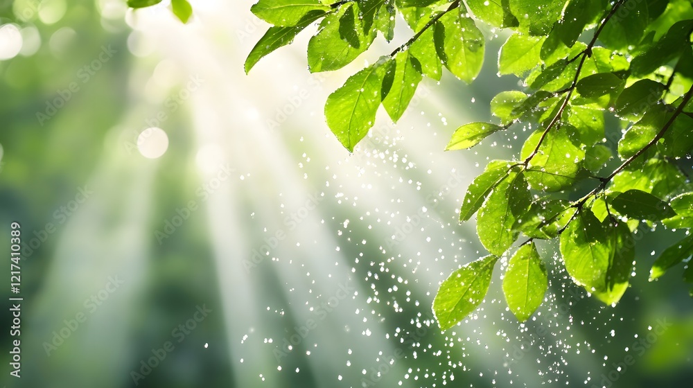 Aufkleber sunlight filtering through fresh green leaves with sparkling water droplets in a lush forest setting