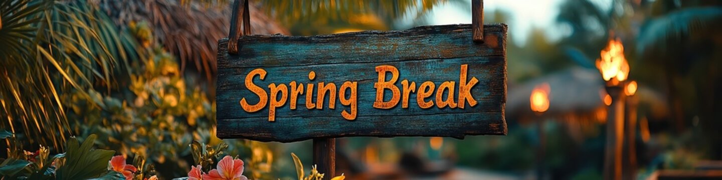  Wooden "Spring Break" sign with glowing torches and tropical greenery in blurred background, evoking island getaway, relaxation, and vacation vibes.