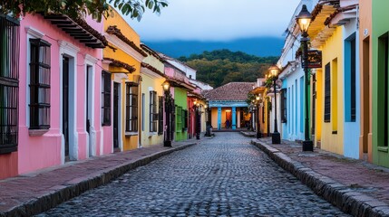 Obraz premium Colorful cobblestone street in a vibrant town with historic buildings and lush mountains in background
