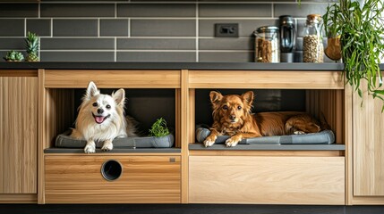 food safety concept. Two dogs relaxing in stylish wooden crates with plants and kitchen decor in the background.