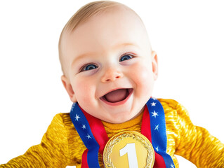 Isolated Smiling Baby with First Place Medal