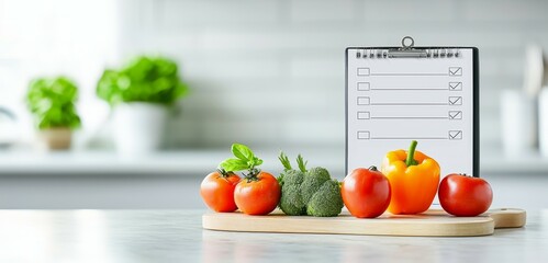 food safety concept. Fresh vegetables and a clipboard on a kitchen countertop, ready for meal preparation.