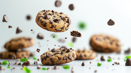 Obraz premium Falling chocolate chip cookies on white background, concept for snack time or dessert craving
