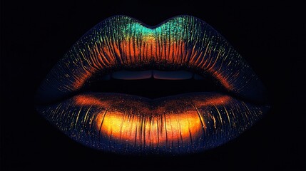 Vibrant Neon Lips with Shimmering Effects in Dark Background Capturing Artistic Beauty and Creative Expression