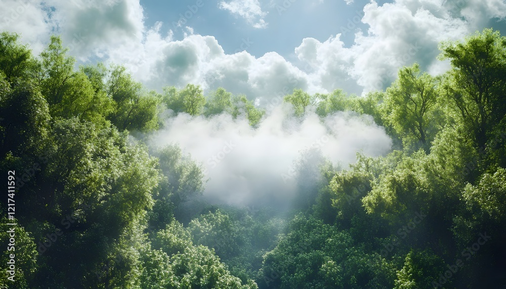 Poster lush green forest with sunlight filtering through clouds and mist, capturing the serenity and beauty