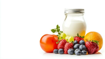food safety concept. Fresh fruits and yogurt in a vibrant arrangement on a white background.