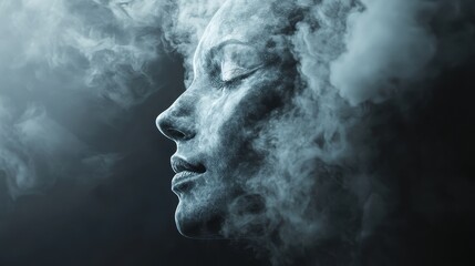 Fototapeta premium Artistic human face merging with abstract smog particles, symbolic representation of personal and environmental health.