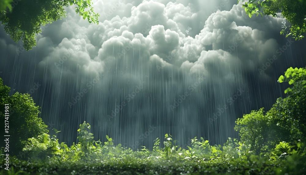 Poster Dramatic Rainfall in Lush Green Forest with Dense Clouds Overhead Creating a Calm and Tranquil Atmosphere for Nature Lovers and Rain Enthusiasts Alike