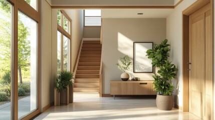 Fototapeta premium Modern Wooden Staircase Entryway Design Ideas