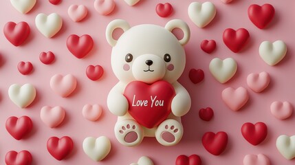 Obraz premium Cute teddy bear holding red heart with love you text surrounded by colorful hearts on soft pink background