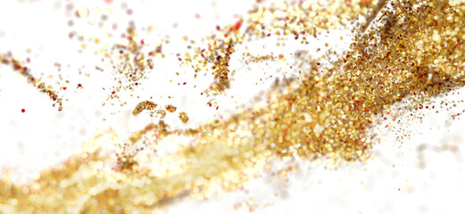 Sparkling gold and red glitter explosion on white background. Perfect for holiday, celebration, or luxury designs.
