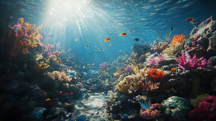 Naklejka premium Underwater ocean scene of pink, purple coral reefs, swimming fish illuminated by sunlight streaming through the water surface. 