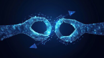 Abstract polygonal hands connecting, digital network.