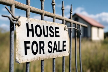 House for sale, A weathered 'House For Sale' sign in front of a charming, vacant home surrounded by tall grass under a bright blue sky. real estate, available for selling