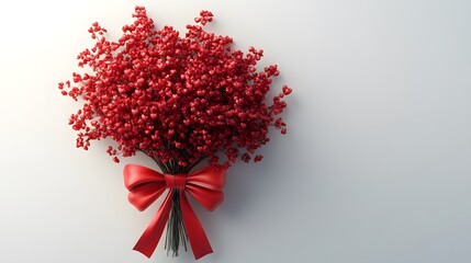 Fototapeta premium Red Berry Bouquet: A vibrant, stylized bouquet of red berries, elegantly tied with a matching red ribbon, radiates a sense of warmth, festivity, and understated elegance.