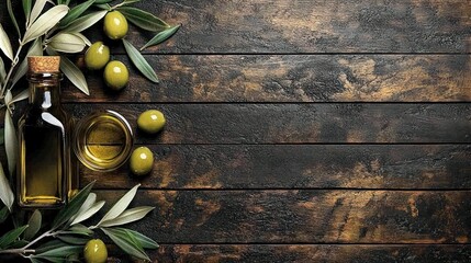 Naklejka premium Olive oil bottle, olives, wood, background, food