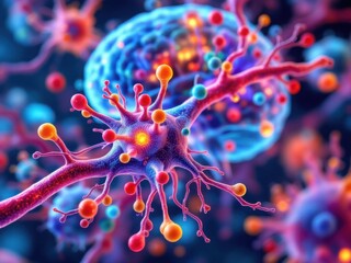 Obraz premium Vibrant Microscopic Virus Cell Infection Illustration