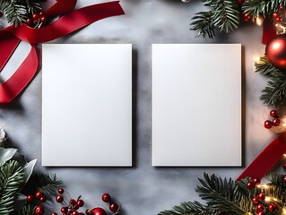 Christmas Mockup: Two blank cards nestled amongst festive Christmas decor, including evergreen boughs, red berries, shimmering fairy lights, and elegant red ribbon.