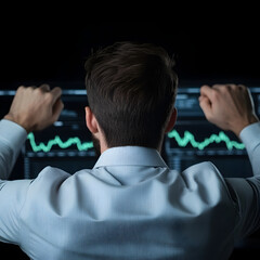 A financial consultant showing charts with market predictions and data analytics to clients.


