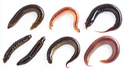 Collection set of worms isolated on white background for nature and educational purposes