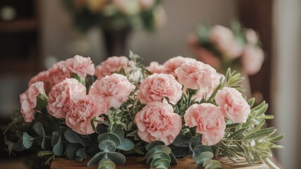 A beautiful arrangement of pink carnations surrounded by lush green foliage, creating a fresh and elegant atmosphere.