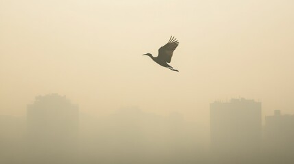 Fototapeta premium Bird struggling to fly through thick smog, muted natural colors, symbolic of wildlife impacted by air pollution.