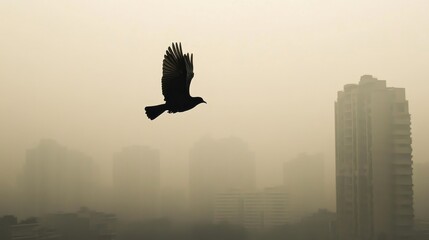 Fototapeta premium Bird struggling to fly through thick smog, muted natural colors, symbolic of wildlife impacted by air pollution.