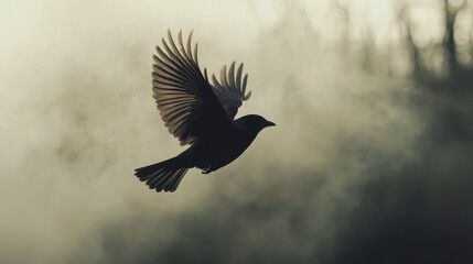 Obraz premium Bird struggling to fly through thick smog, muted natural colors, symbolic of wildlife impacted by air pollution.