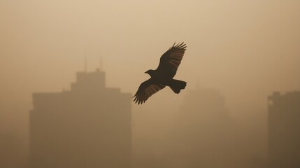 Fototapeta premium Bird struggling to fly through thick smog, muted natural colors, symbolic of wildlife impacted by air pollution.