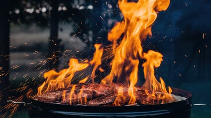 A sizzling barbecue scene with rich flames engulfing juicy steaks, set in a lush outdoor environment, evoking a sense of summer fun and mouth-watering aromas.