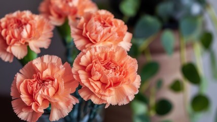Fototapeta premium A vibrant arrangement of peach-colored carnations in a clear glass vase, surrounded by lush green leaves, creating a warm and inviting atmosphere.
