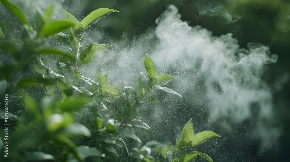 Poster lush green leaves surrounded by gentle mist and steamy vapor creating a serene and tranquil nature a