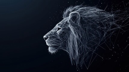 Abstract polygonal lion profile, dark background.