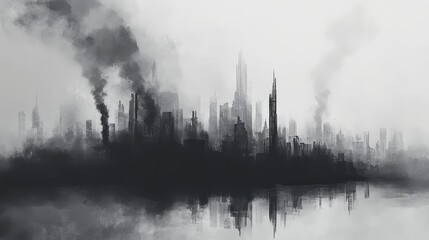 Obraz premium Black and white illustration of a city drowning in smog, abstract and minimalist, representing industrial pollution. 