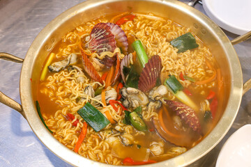 Seafood added to Korean instant ramen. Seafood Ramen
